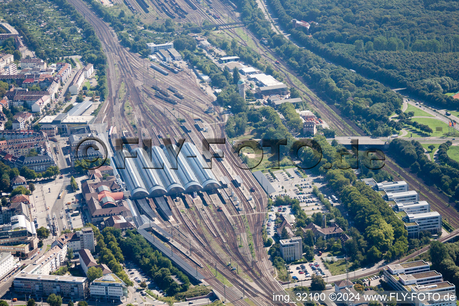 Track progress and building of the main station of the railway in Karlsruhe in the state Baden-Wurttemberg seen from above