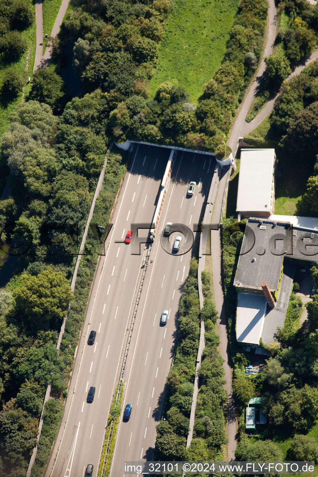 Entry and exit area of Edeltrud Tunnel in the district Beiertheim - Bulach in Karlsruhe in the state Baden-Wurttemberg from the drone perspective
