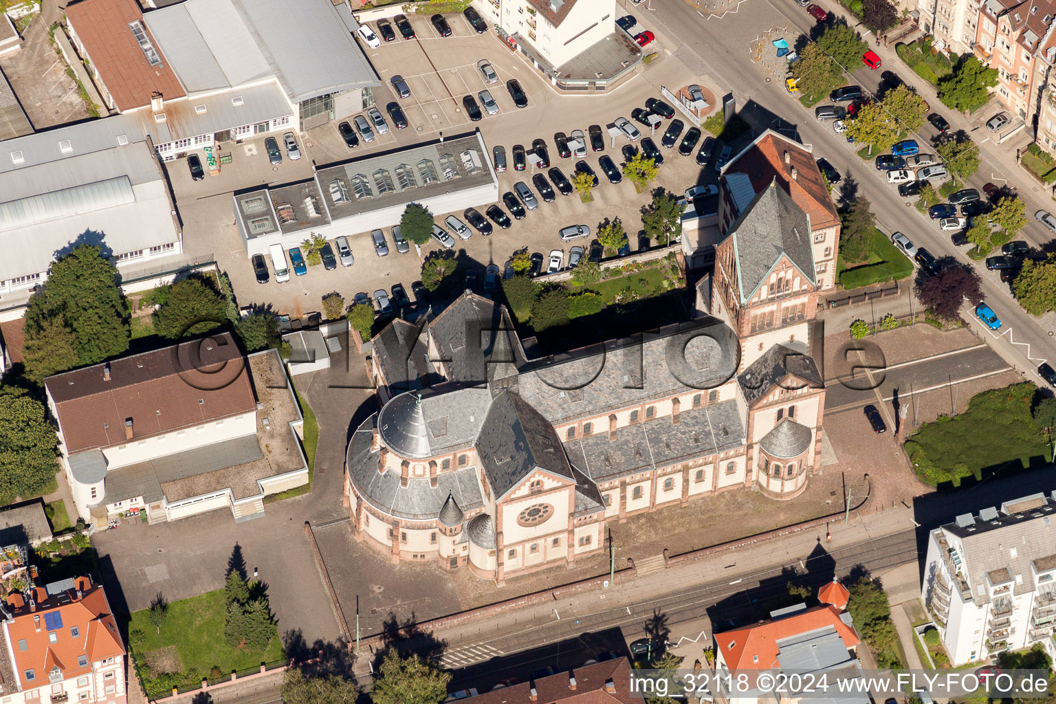 Church tower and tower roof at the catholic church building of St. Bonifatius in the district Weststadt in Karlsruhe in the state Baden-Wurttemberg, Germany