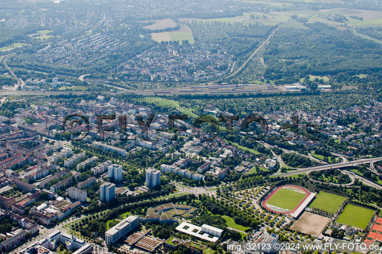 Town View of the streets and houses of the residential areas in the district Suedweststadt in Karlsruhe in the state Baden-Wurttemberg