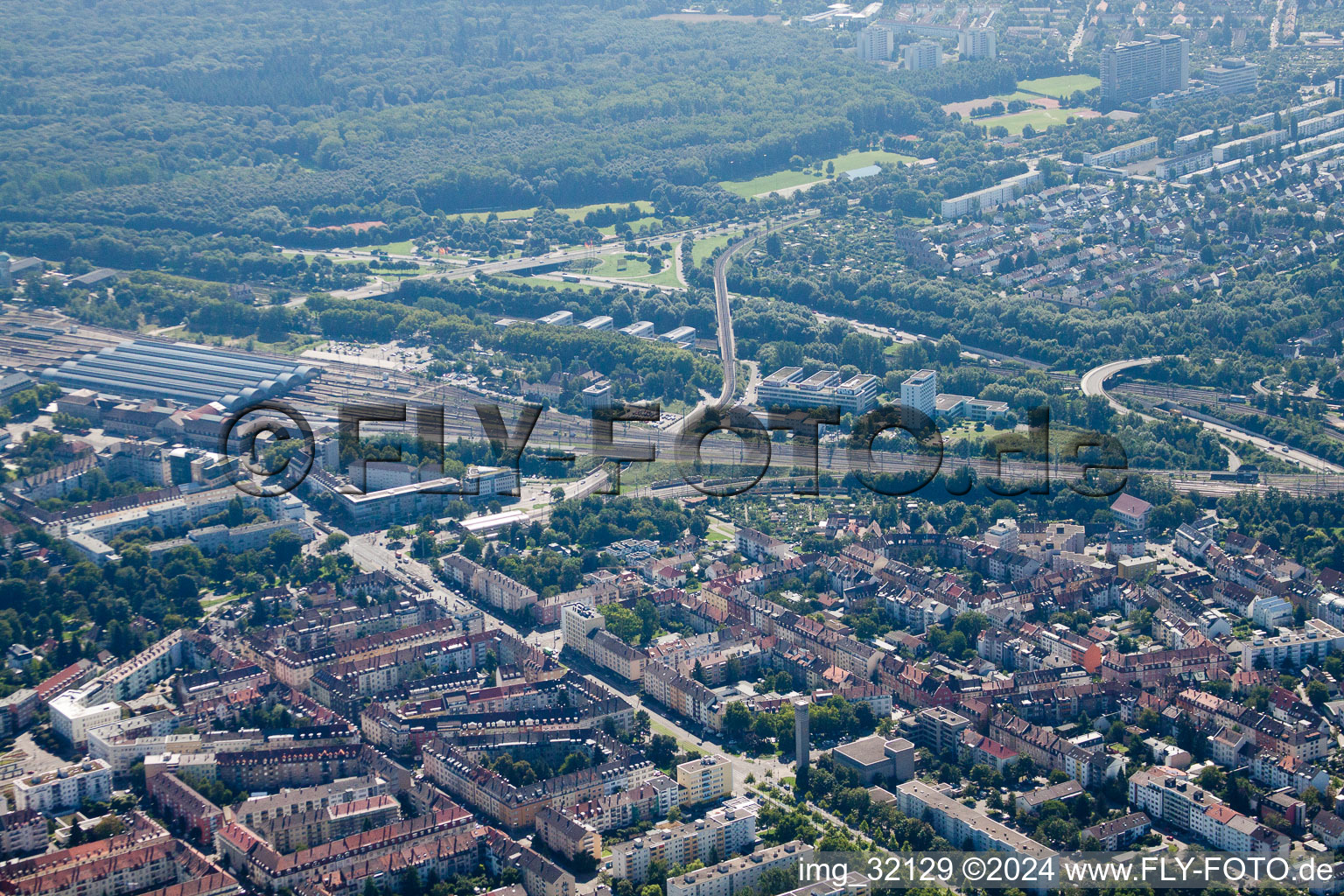 Bird's eye view of Track progress and building of the main station of the railway in Karlsruhe in the state Baden-Wurttemberg