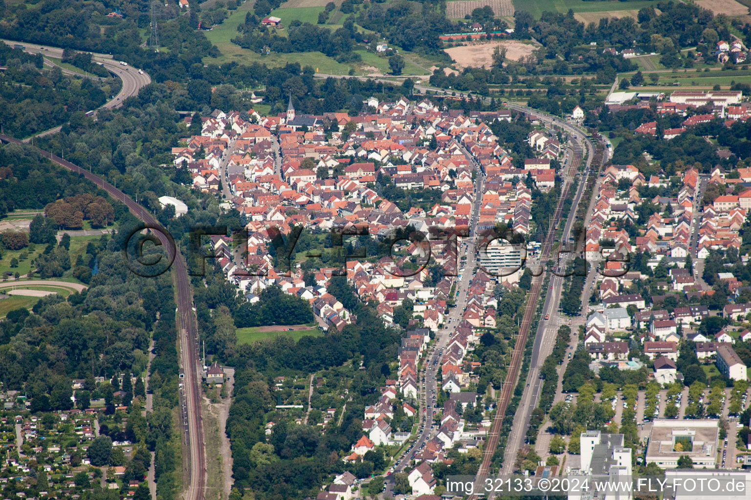 From the east in the district Knielingen in Karlsruhe in the state Baden-Wuerttemberg, Germany