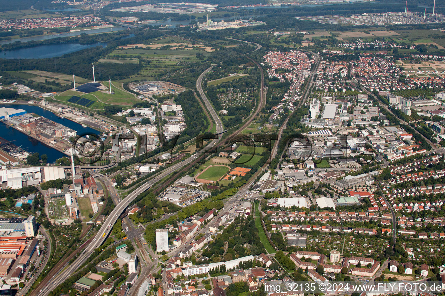 Aerial view of From the east in the district Knielingen in Karlsruhe in the state Baden-Wuerttemberg, Germany