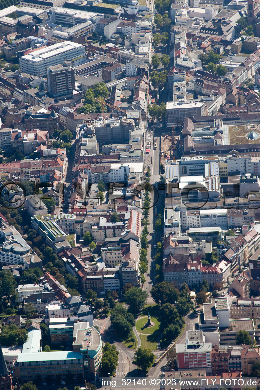 Aerial view of Kaiserstrasse from the west in the district Innenstadt-West in Karlsruhe in the state Baden-Wuerttemberg, Germany