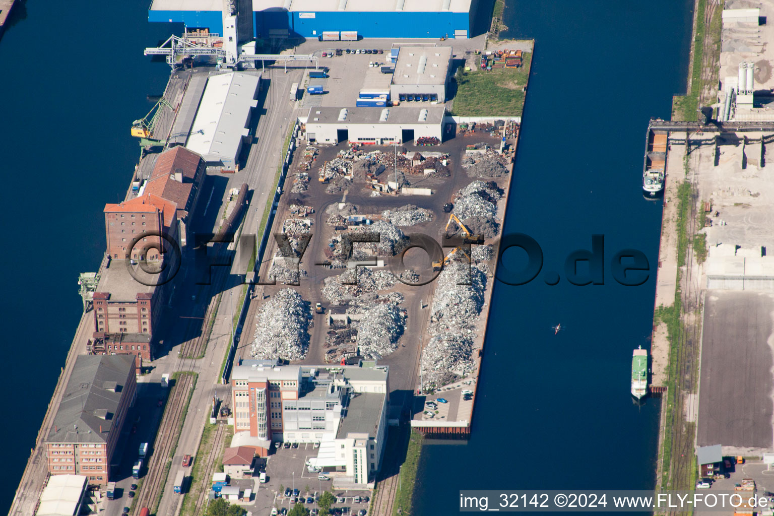 Aerial view of Port facilities on the shores of the harbor of Rheinhafen in Karlsruhe in the state Baden-Wurttemberg