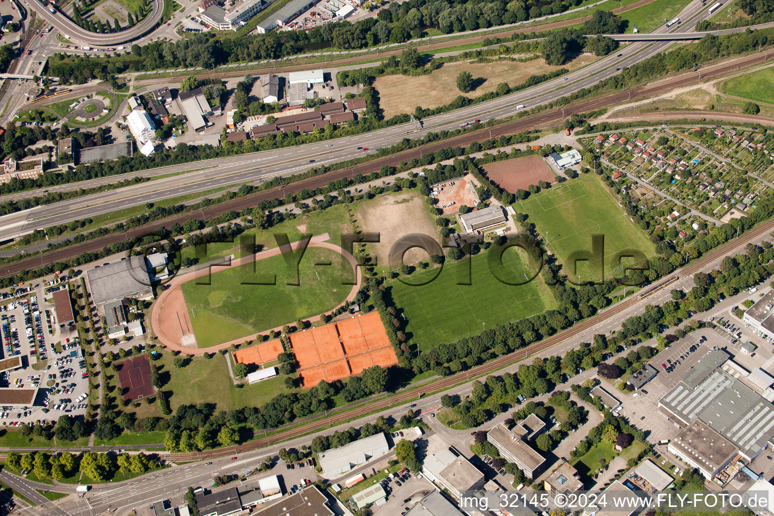 Aerial view of SV Schwarz-Weiß 1952 Mühlburg eV in the district Mühlburg in Karlsruhe in the state Baden-Wuerttemberg, Germany