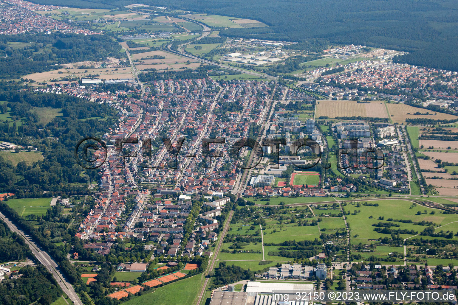 From the south in the district Neureut in Karlsruhe in the state Baden-Wuerttemberg, Germany