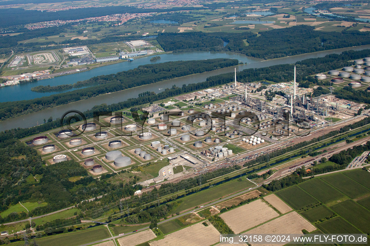 Aerial view of OMV Refinery in the district Knielingen in Karlsruhe in the state Baden-Wuerttemberg, Germany