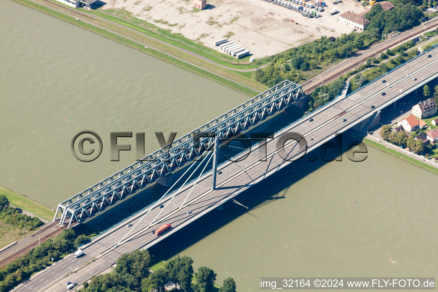 River - bridge construction across the Rhine in the district Knielingen in Karlsruhe in the state Baden-Wurttemberg, Germany