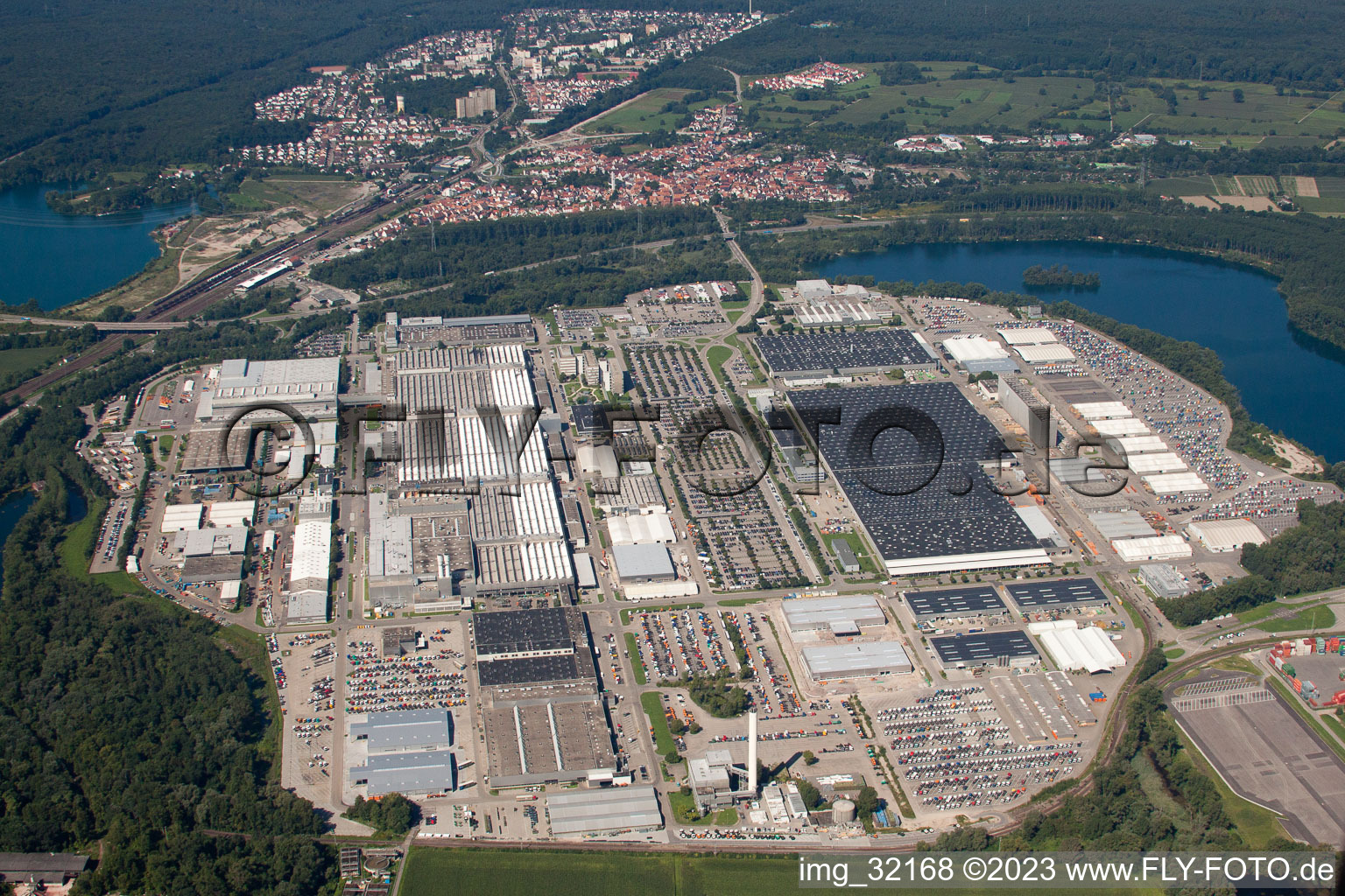 Aerial view of Daimler truck factory from the east in Wörth am Rhein in the state Rhineland-Palatinate, Germany