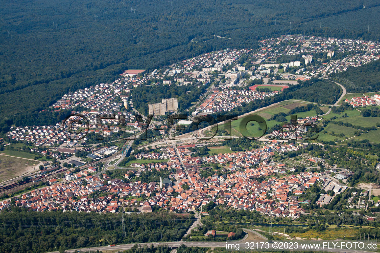 Aerial view of From the east in the district Maximiliansau in Wörth am Rhein in the state Rhineland-Palatinate, Germany