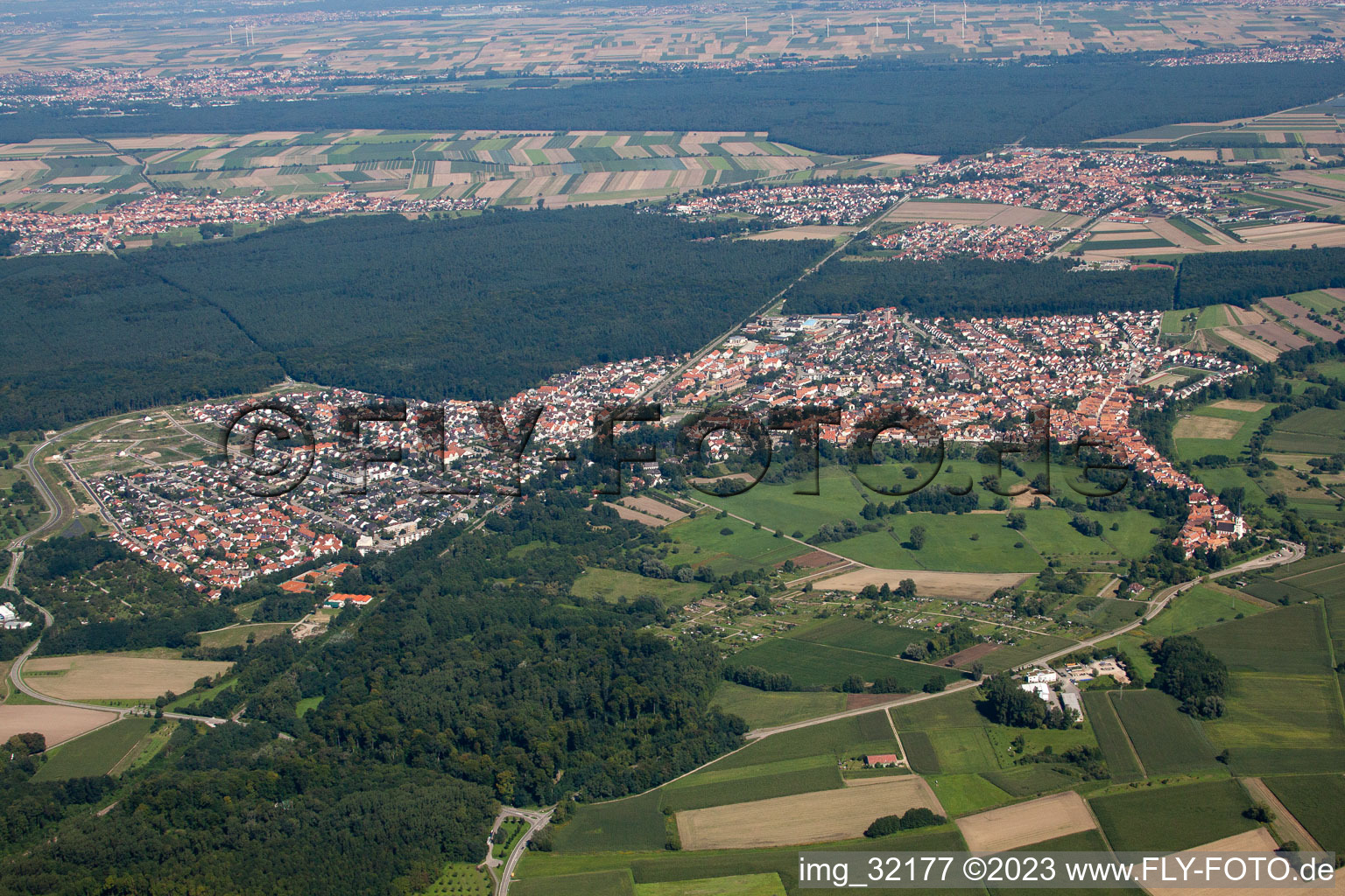 Jockgrim in the state Rhineland-Palatinate, Germany seen from above