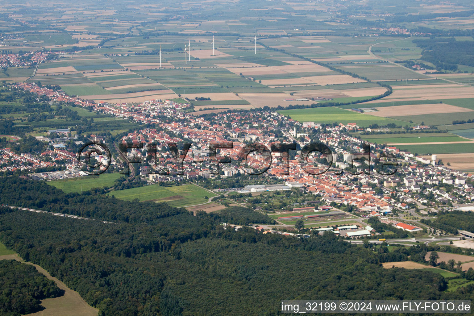 From the southeast in Kandel in the state Rhineland-Palatinate, Germany seen from a drone