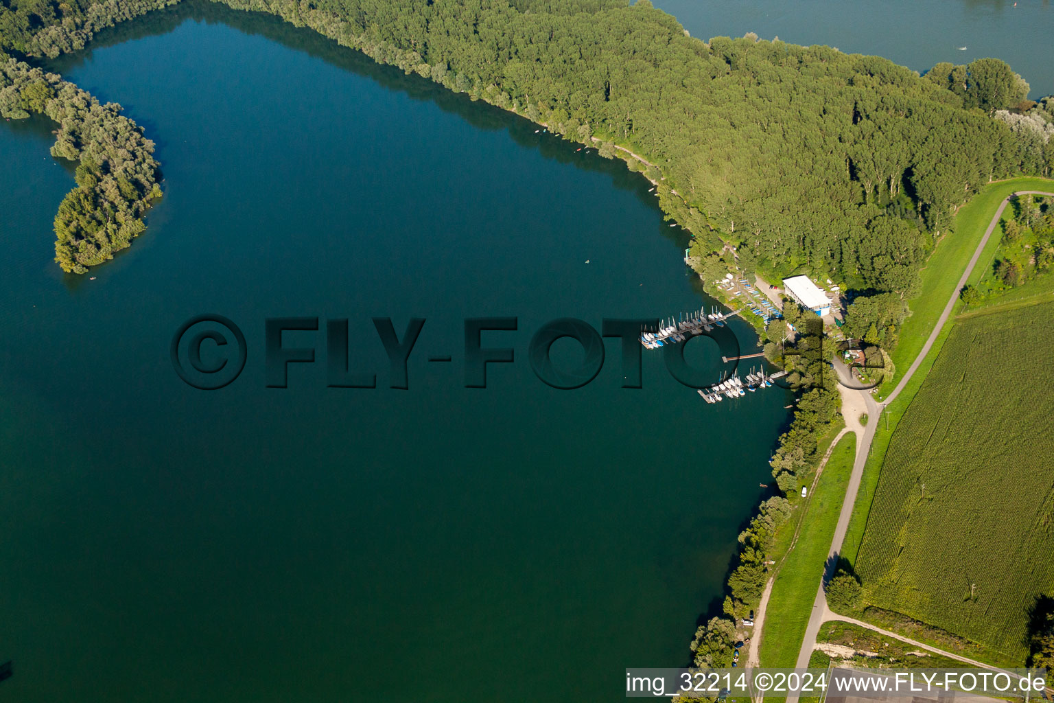 Aerial view of Pleasure boat marina with docks and moorings on the shore area of Segelclub RKC Woerth e.V. in Woerth am Rhein in the state Rhineland-Palatinate, Germany