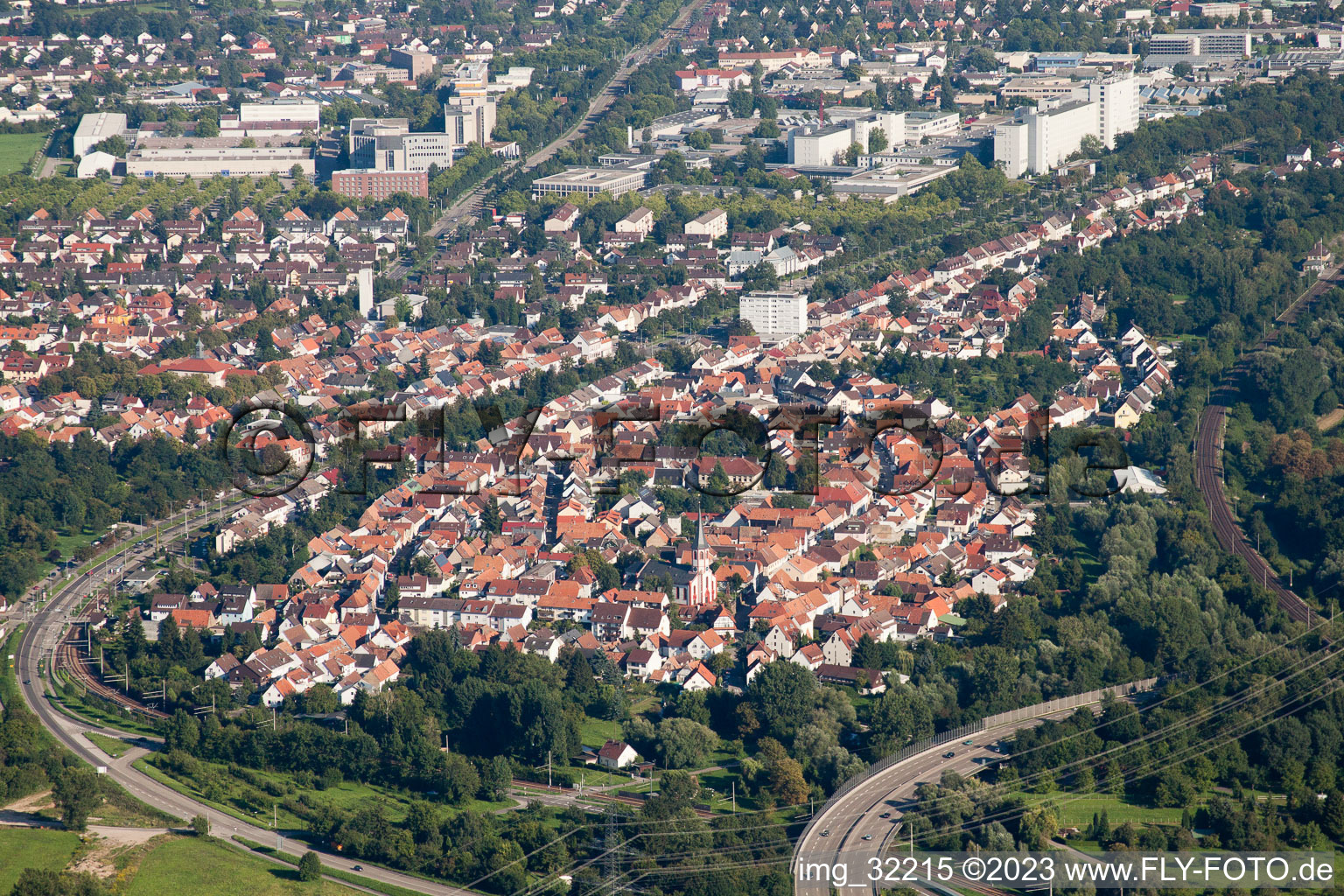 From the west in the district Knielingen in Karlsruhe in the state Baden-Wuerttemberg, Germany