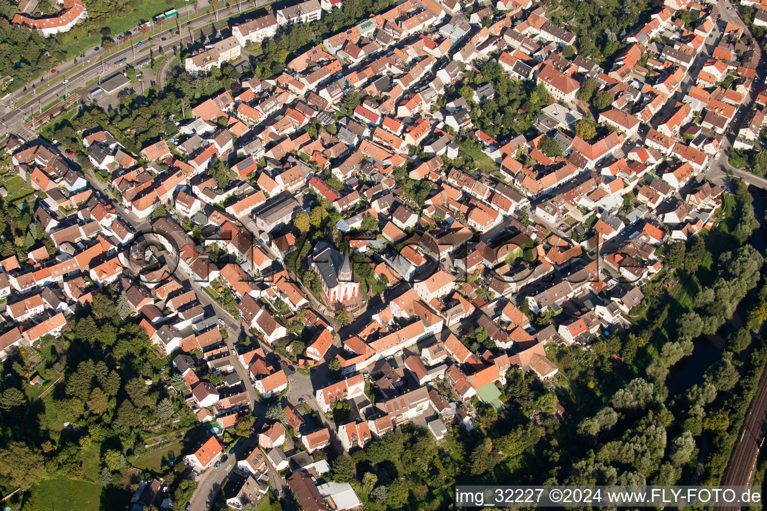 Aerial view of Old town, Protestant church in the district Knielingen in Karlsruhe in the state Baden-Wuerttemberg, Germany