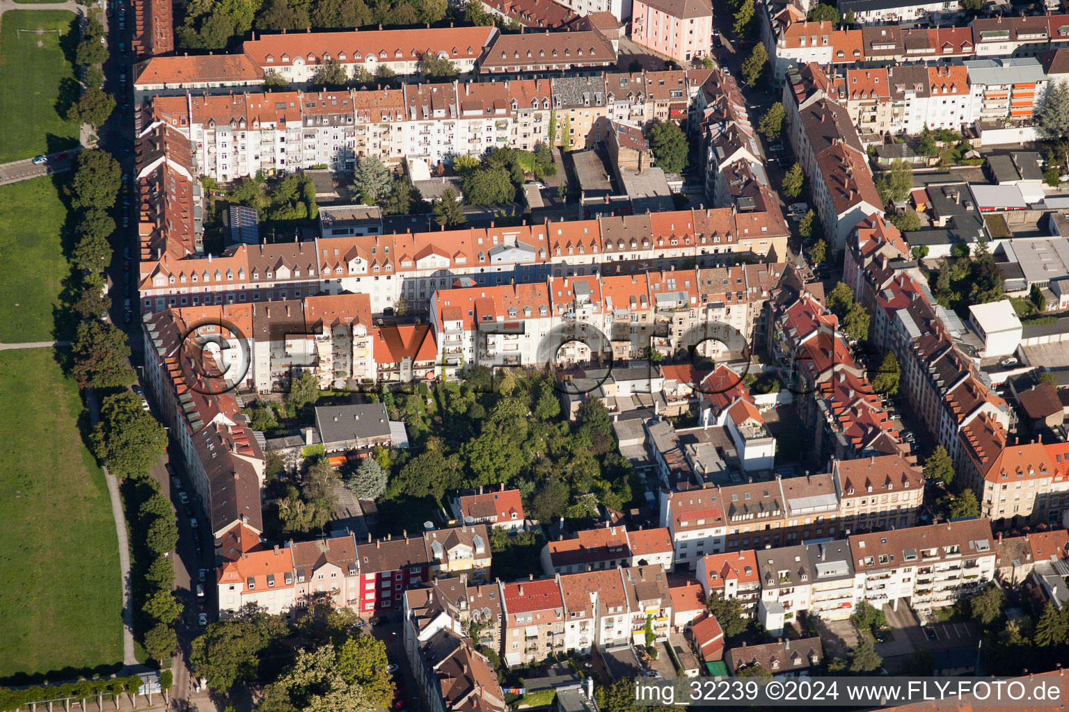 Drone recording of District Mühlburg in Karlsruhe in the state Baden-Wuerttemberg, Germany