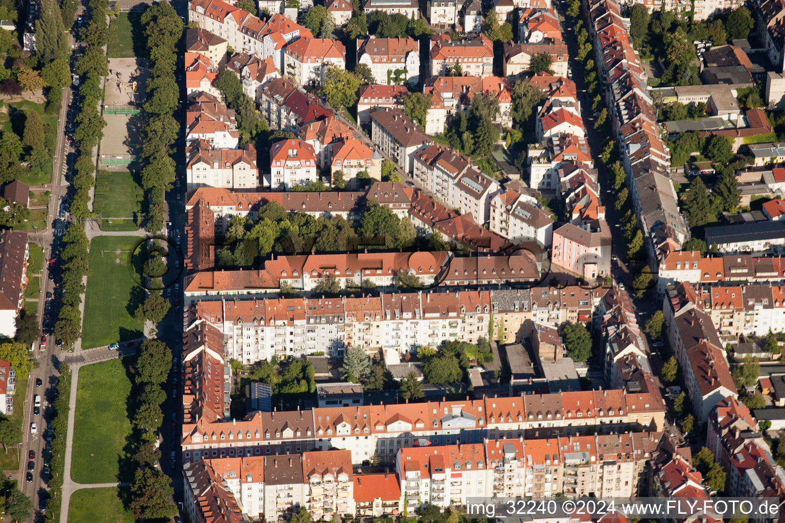 Drone image of District Mühlburg in Karlsruhe in the state Baden-Wuerttemberg, Germany