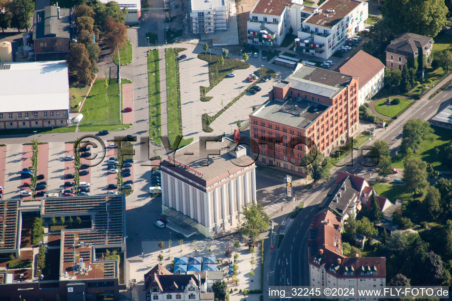 Aerial view of Moninger Brewery in the district Grünwinkel in Karlsruhe in the state Baden-Wuerttemberg, Germany