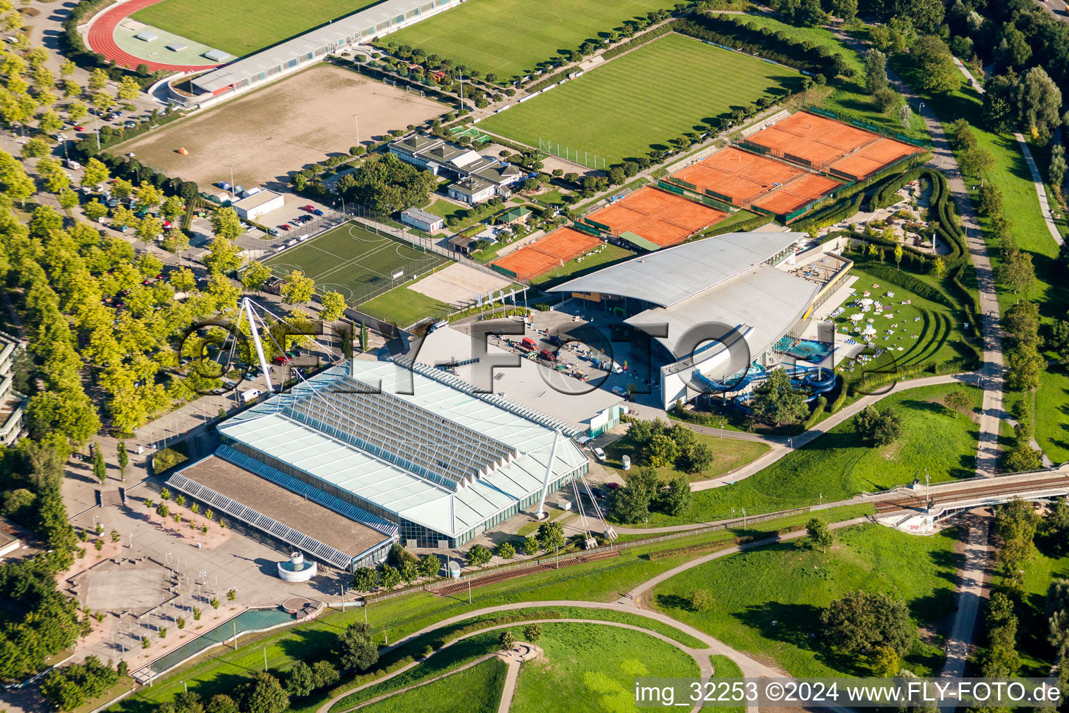 Ensemble of sports grounds on Europabad and on Europahalle Karlsruhe in the district Suedweststadt in Karlsruhe in the state Baden-Wurttemberg, Germany