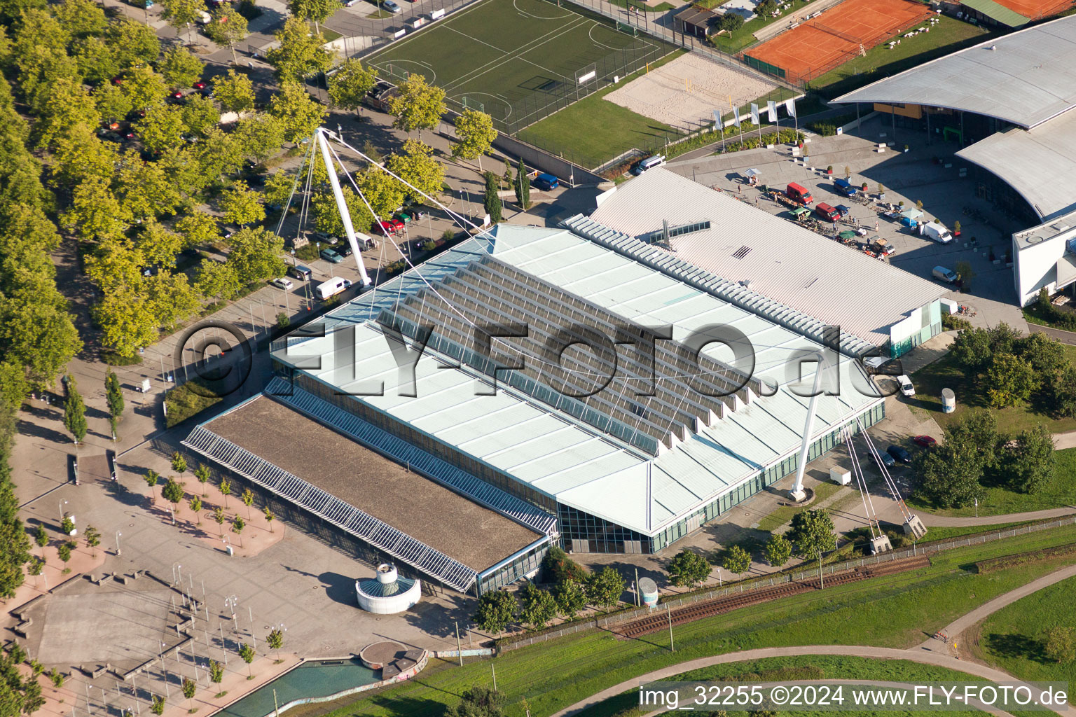 Aerial view of Ensemble of sports grounds on Europabad and on Europahalle Karlsruhe in the district Suedweststadt in Karlsruhe in the state Baden-Wurttemberg, Germany