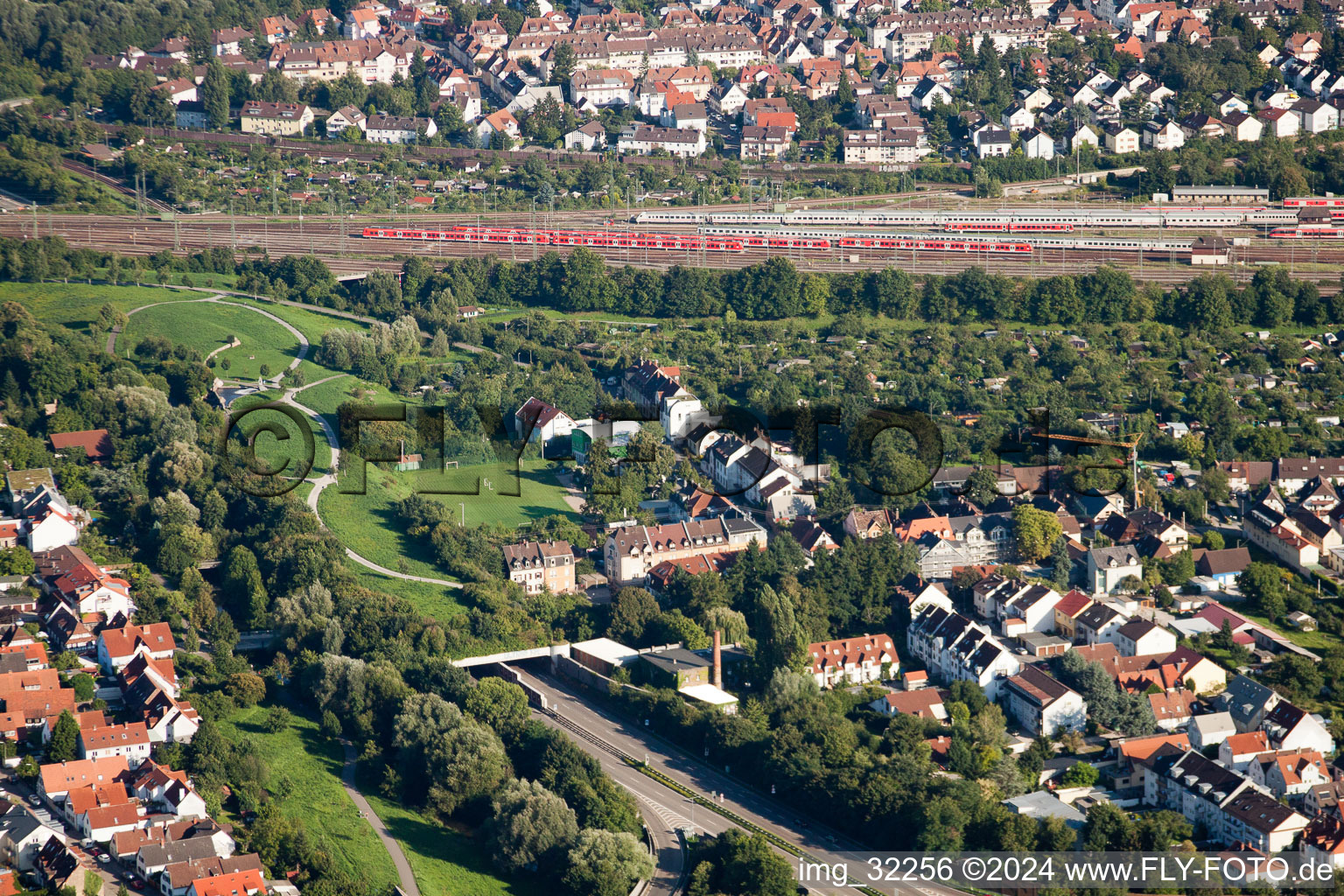 Entry and exit area of Edeltrud Tunnel in the district Beiertheim - Bulach in Karlsruhe in the state Baden-Wurttemberg from a drone