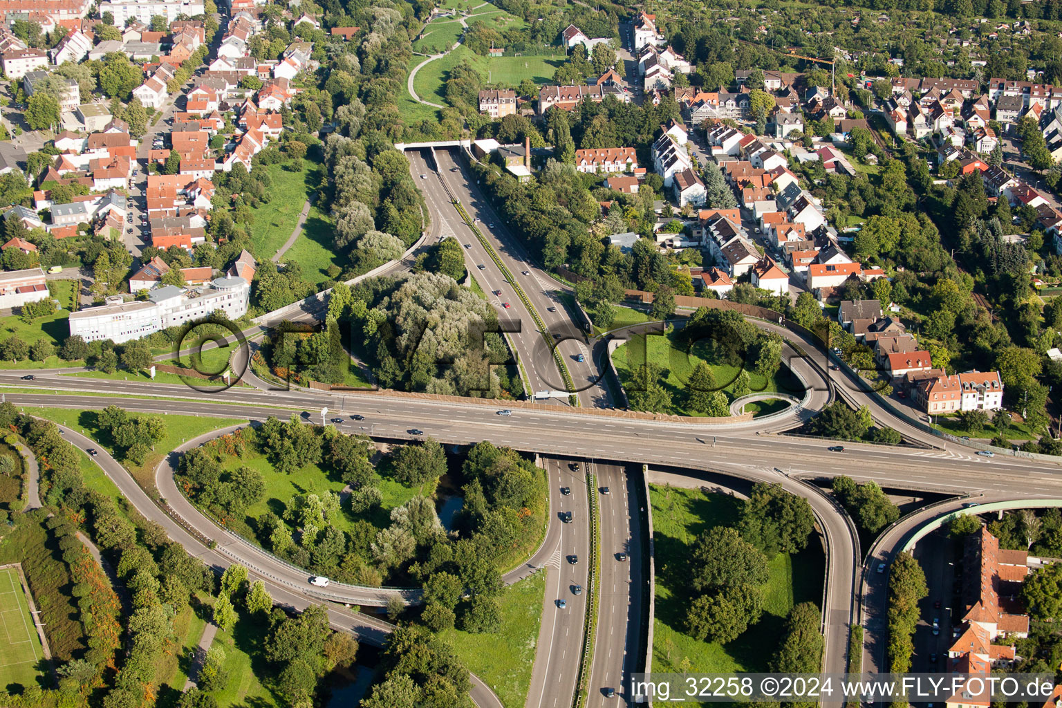 Entry and exit area of Edeltrud Tunnel in the district Beiertheim - Bulach in Karlsruhe in the state Baden-Wurttemberg seen from a drone