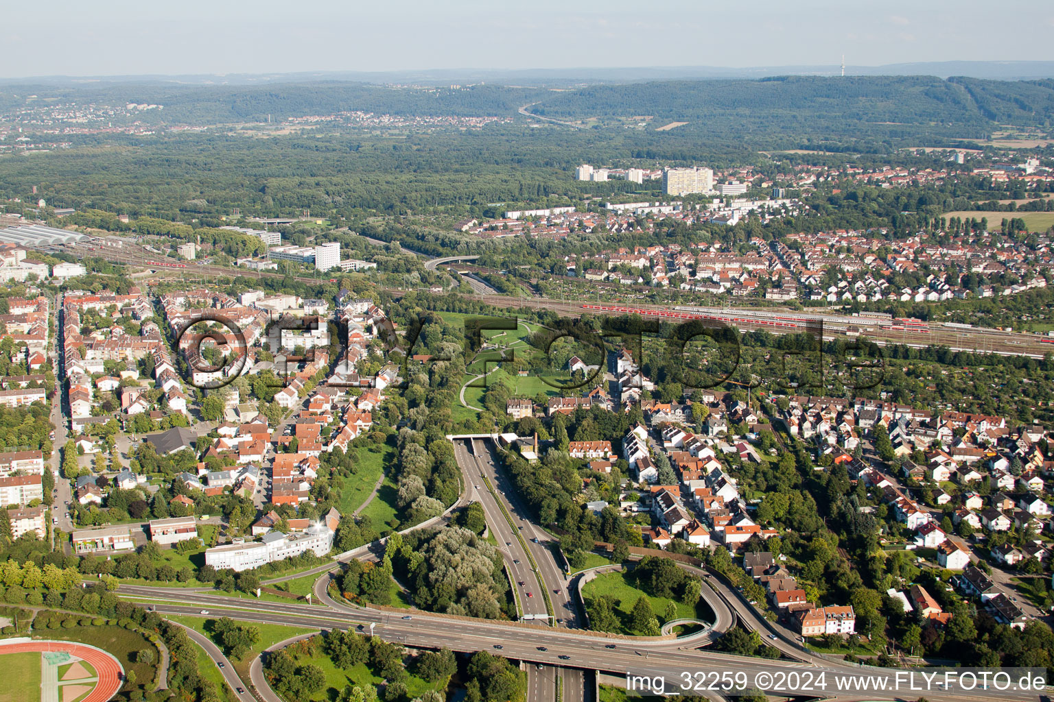 Aerial view of Entry and exit area of Edeltrud Tunnel in the district Beiertheim - Bulach in Karlsruhe in the state Baden-Wurttemberg