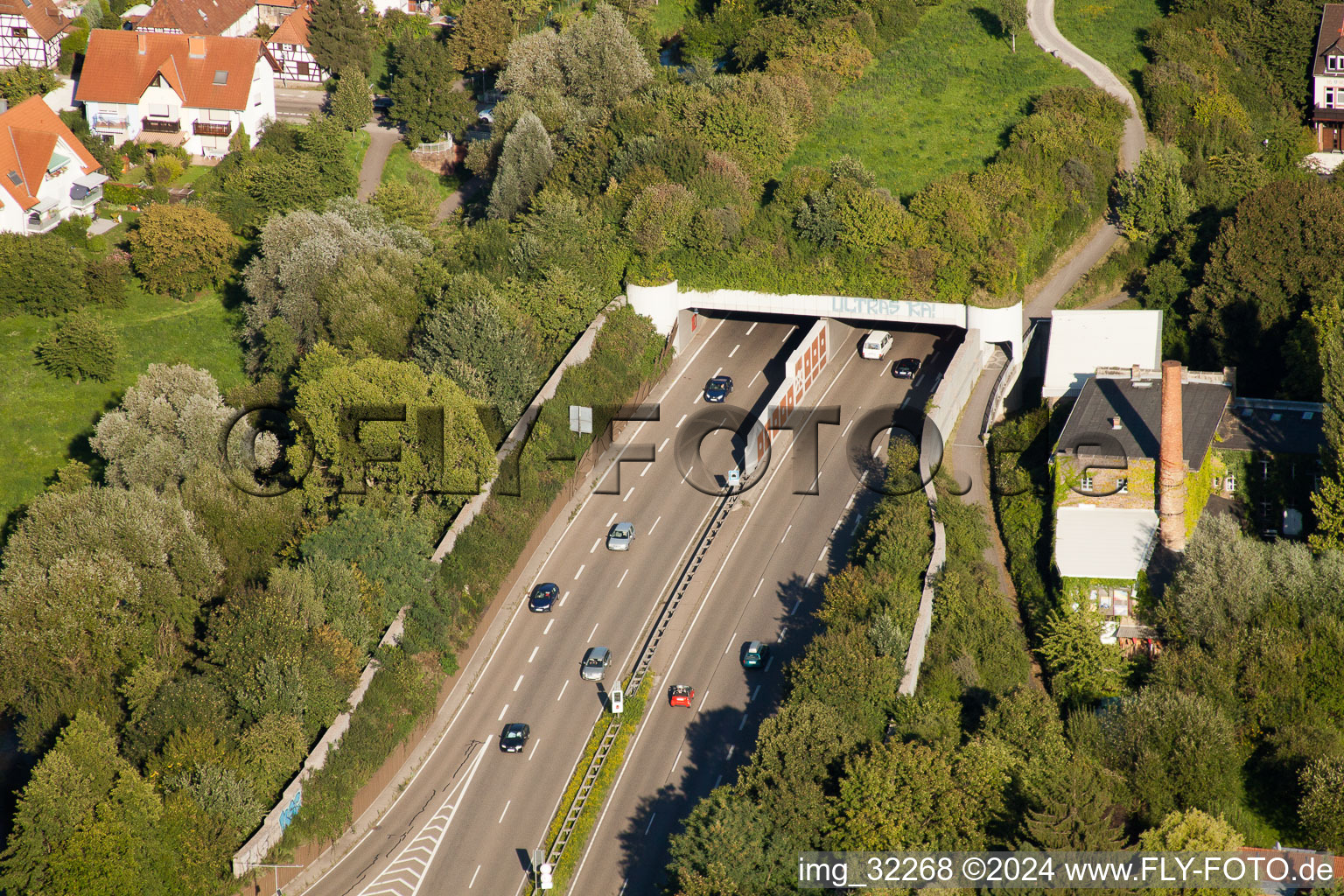 Entry and exit area of Edeltrud Tunnel in the district Beiertheim - Bulach in Karlsruhe in the state Baden-Wurttemberg from above