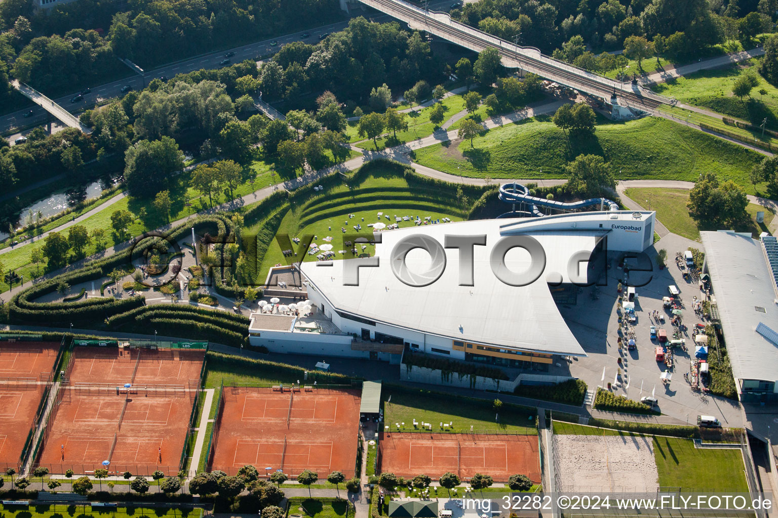 Aerial photograpy of Europahalle Europabad in the district Südweststadt in Karlsruhe in the state Baden-Wuerttemberg, Germany