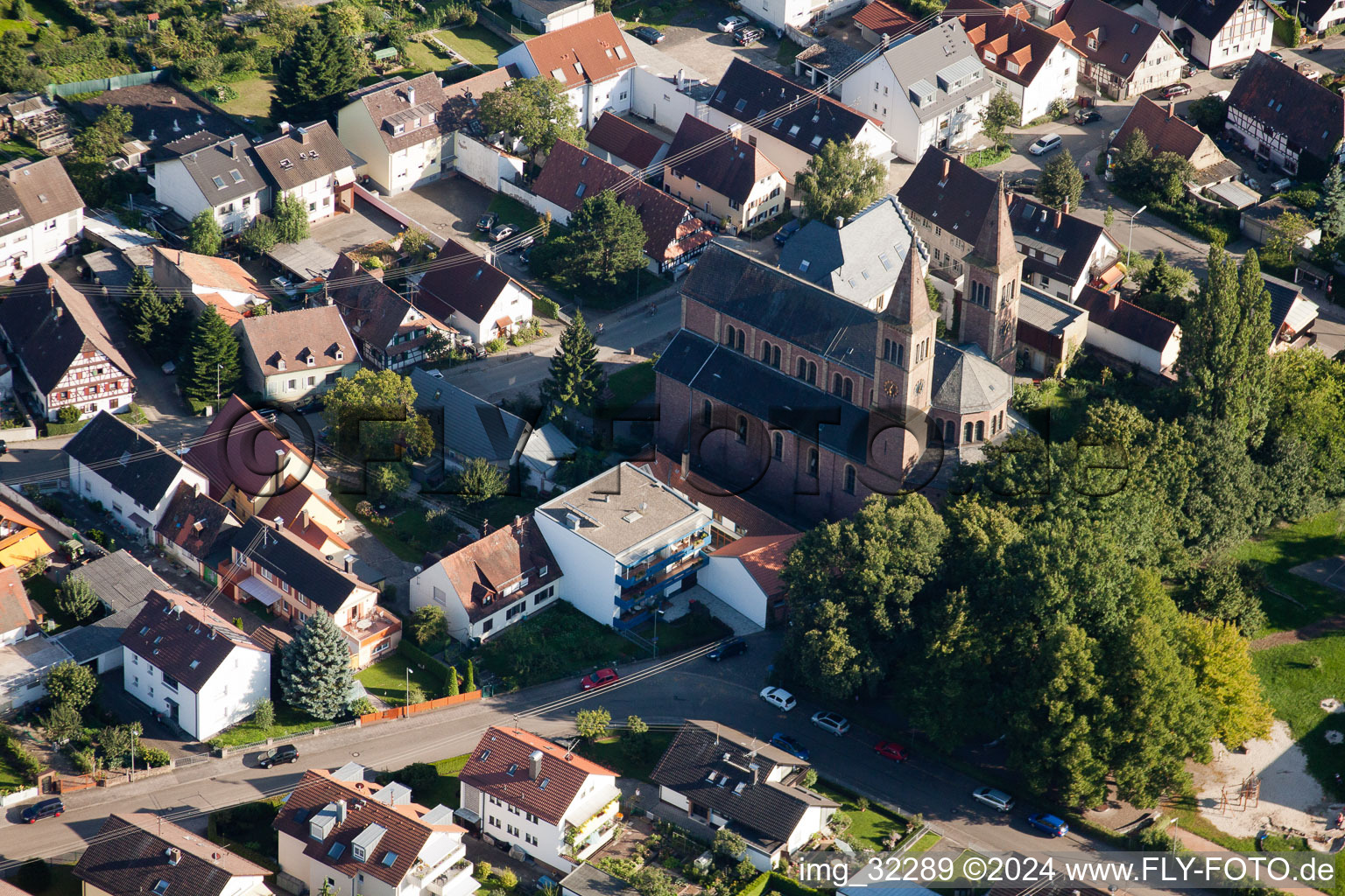 Oblique view of St. Cyriacus in the district Beiertheim-Bulach in Karlsruhe in the state Baden-Wuerttemberg, Germany