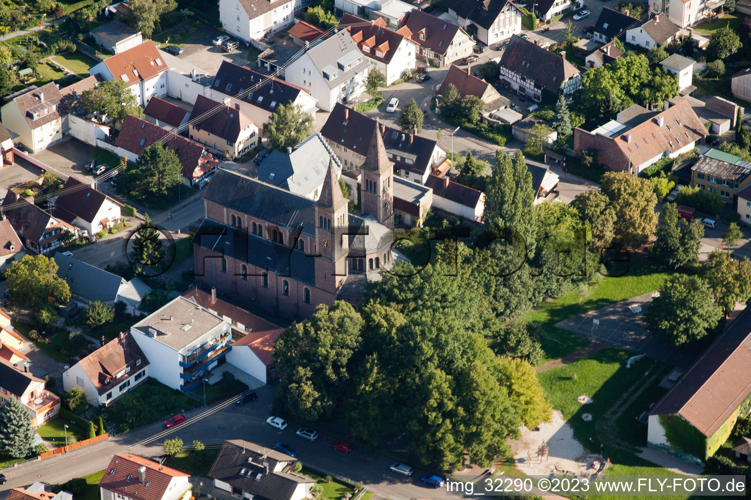 St. Cyriacus in the district Beiertheim-Bulach in Karlsruhe in the state Baden-Wuerttemberg, Germany from above