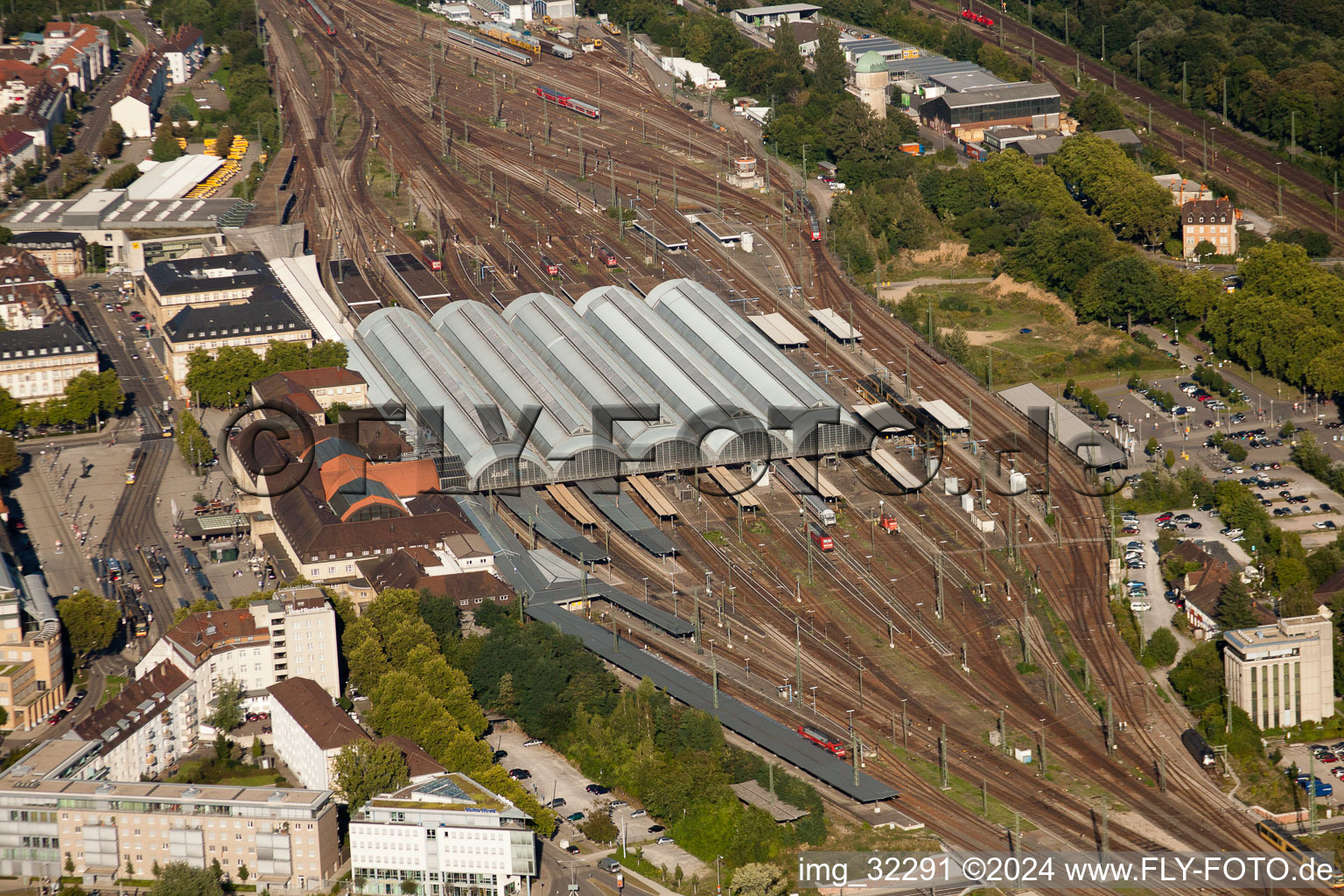 Drone image of Track progress and building of the main station of the railway in Karlsruhe in the state Baden-Wurttemberg