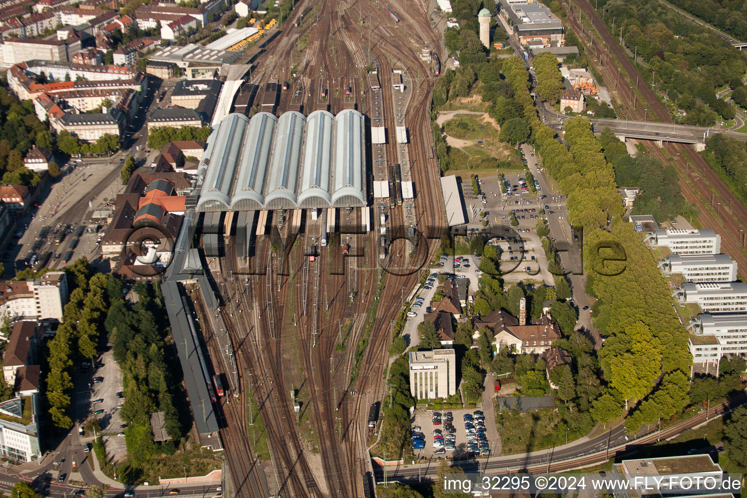 Track progress and building of the main station of the railway in Karlsruhe in the state Baden-Wurttemberg from the drone perspective