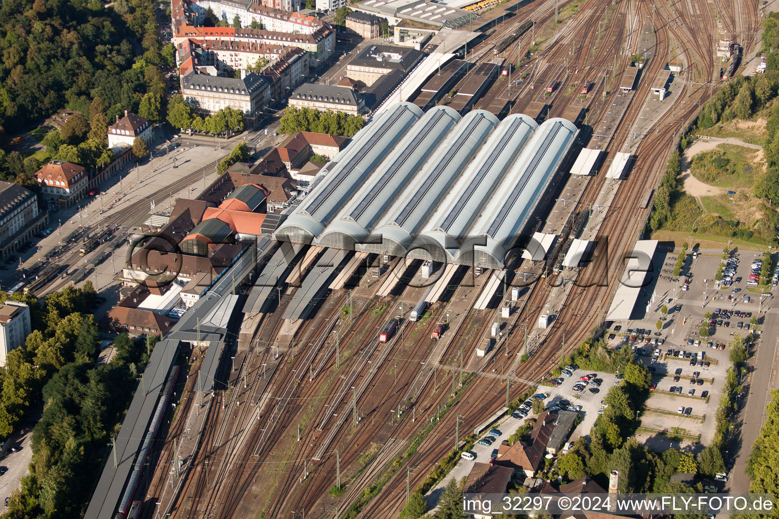 Track progress and building of the main station of the railway in Karlsruhe in the state Baden-Wurttemberg from a drone