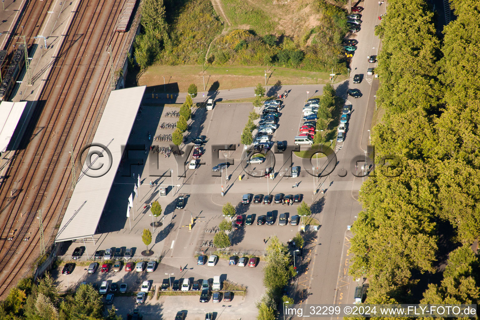 Track progress and building of the main station of the railway in Karlsruhe in the state Baden-Wurttemberg seen from a drone