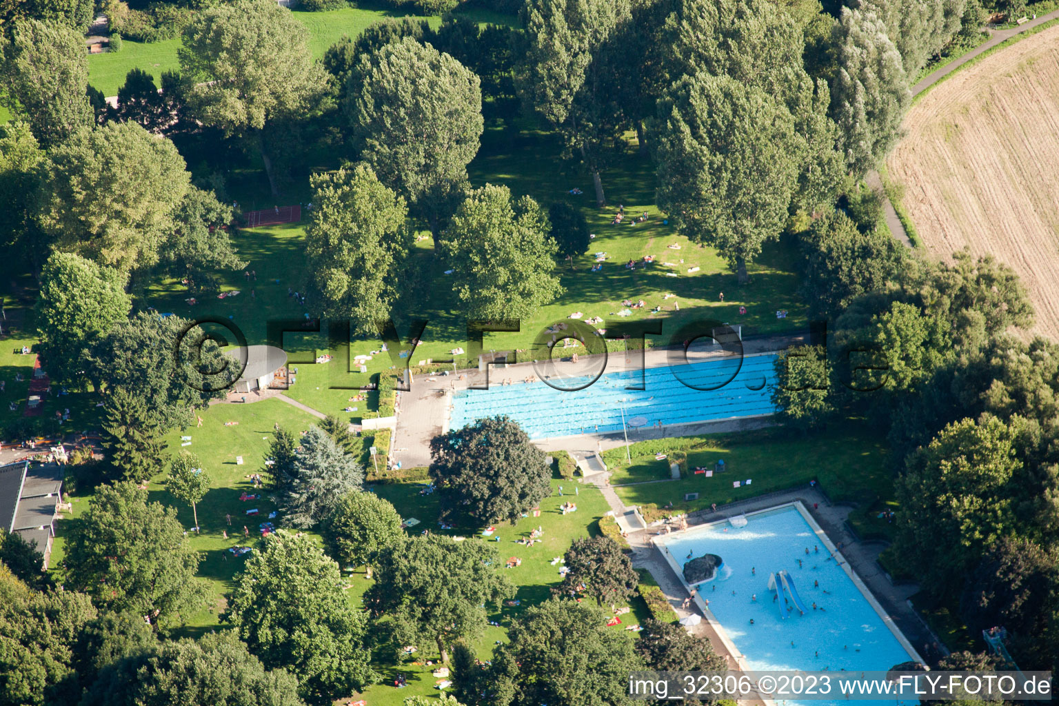 Aerial view of Rüppur, outdoor swimming pool in the district Rüppurr in Karlsruhe in the state Baden-Wuerttemberg, Germany