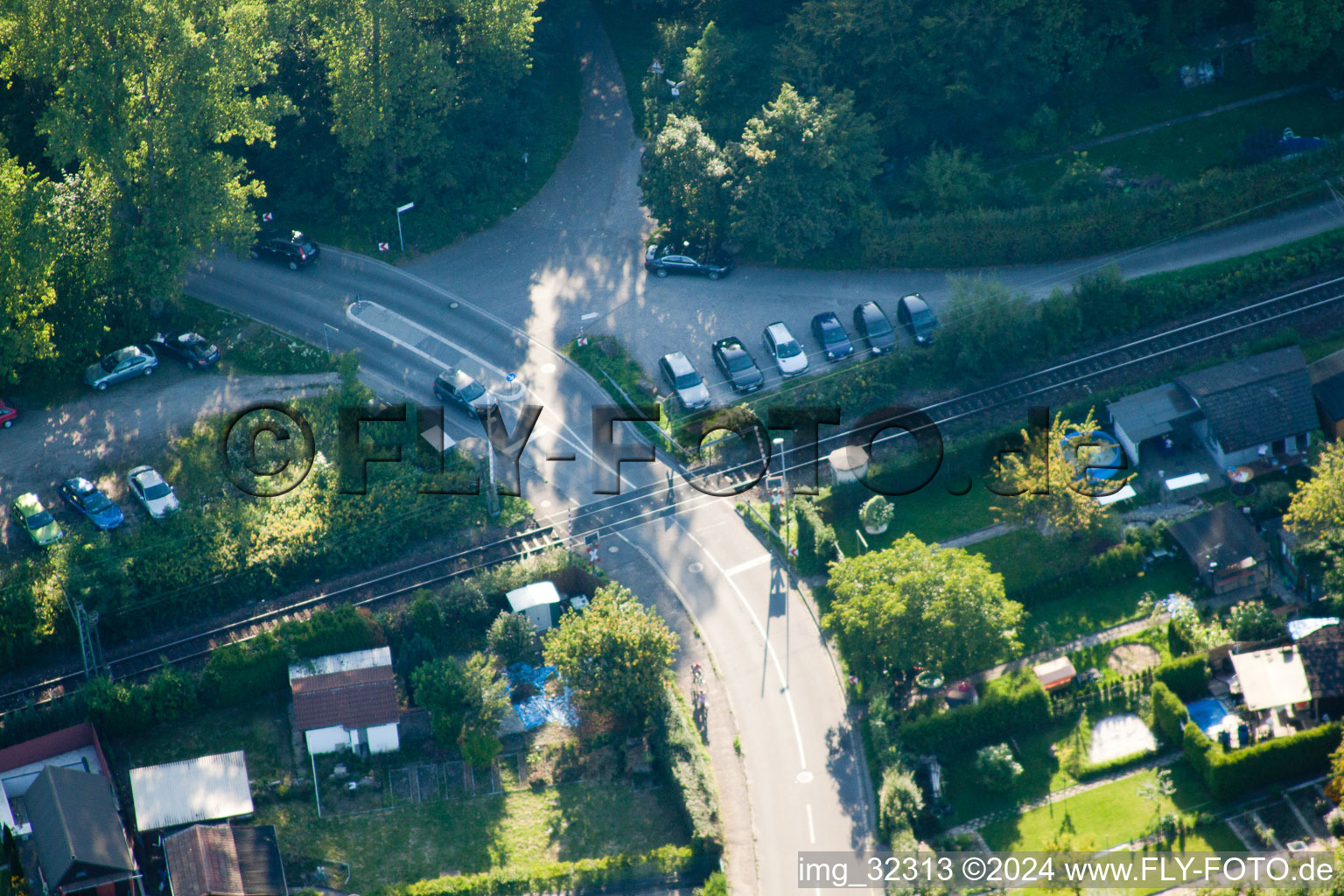 Aerial view of Routing the railway junction of rail and track systems Deutsche Bahn in the district Weiherfeld - Dammerstock in Karlsruhe in the state Baden-Wurttemberg