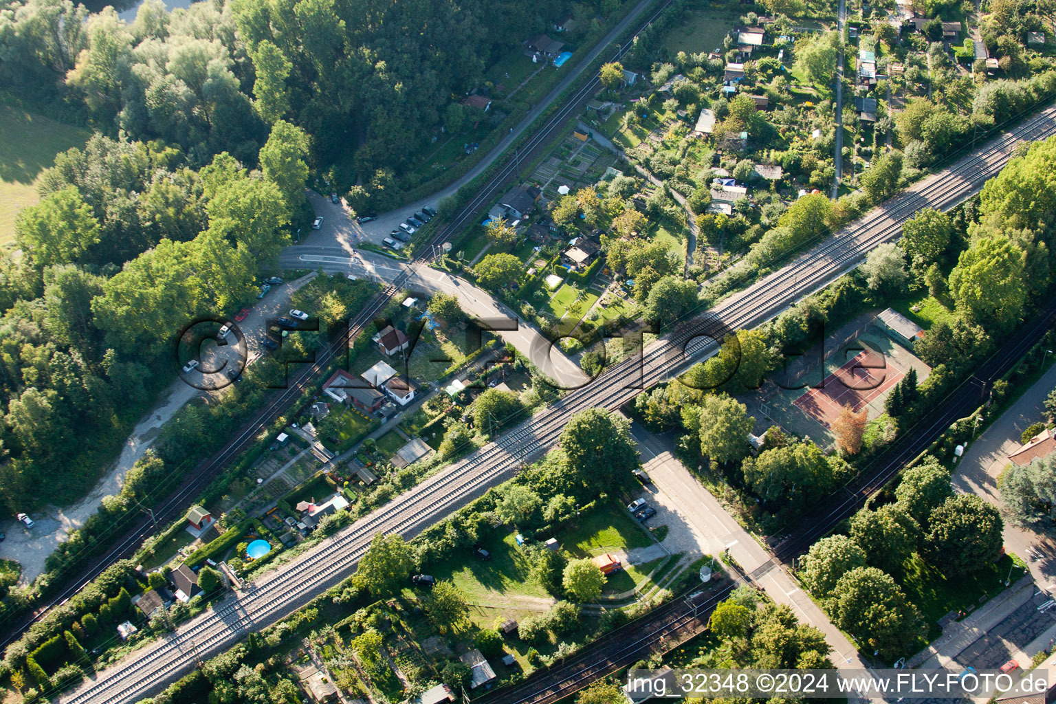 Oblique view of Routing the railway junction of rail and track systems Deutsche Bahn in Karlsruhe in the state Baden-Wurttemberg