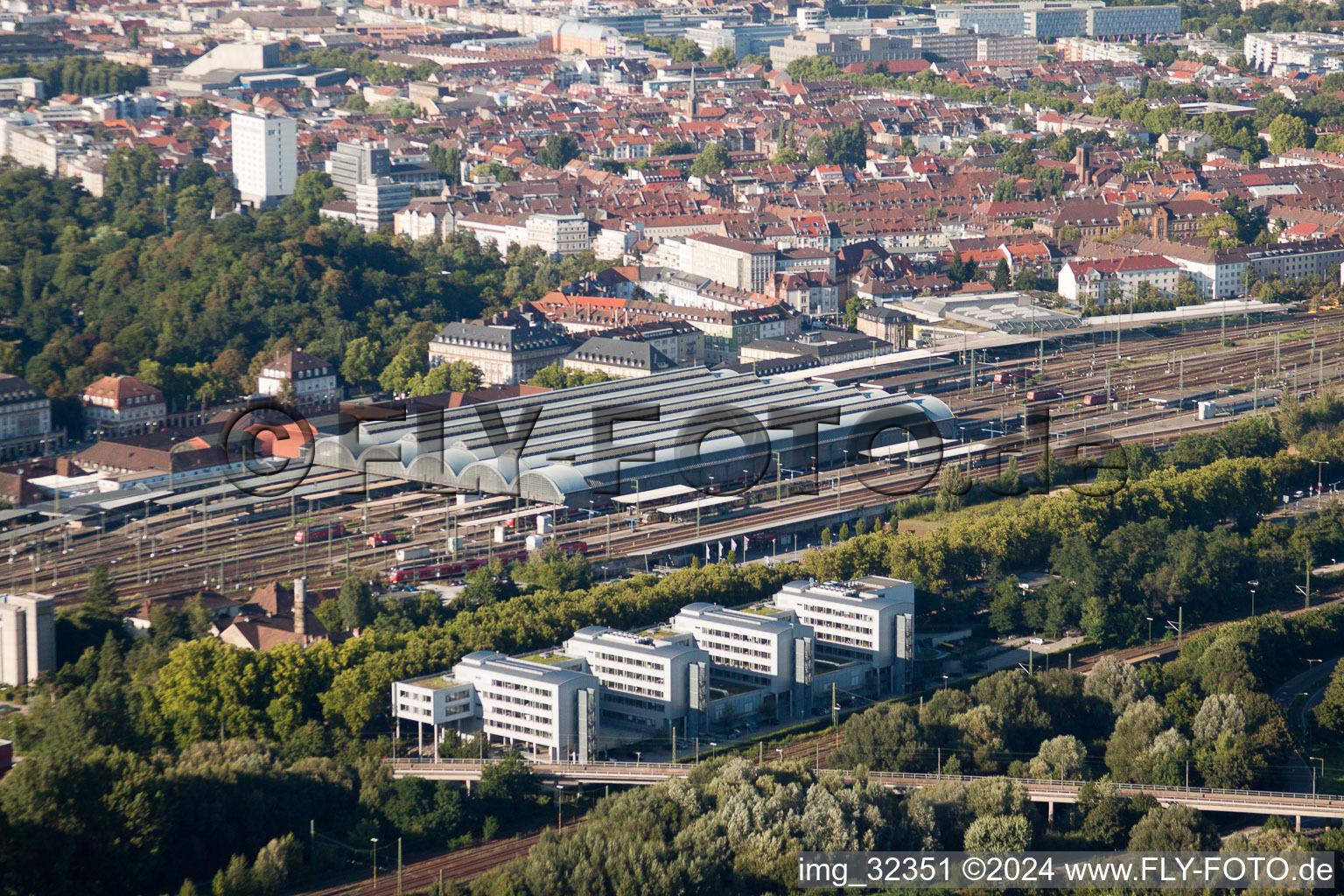 Aerial view of Track progress and building of the main station of the railway in Karlsruhe in the state Baden-Wurttemberg