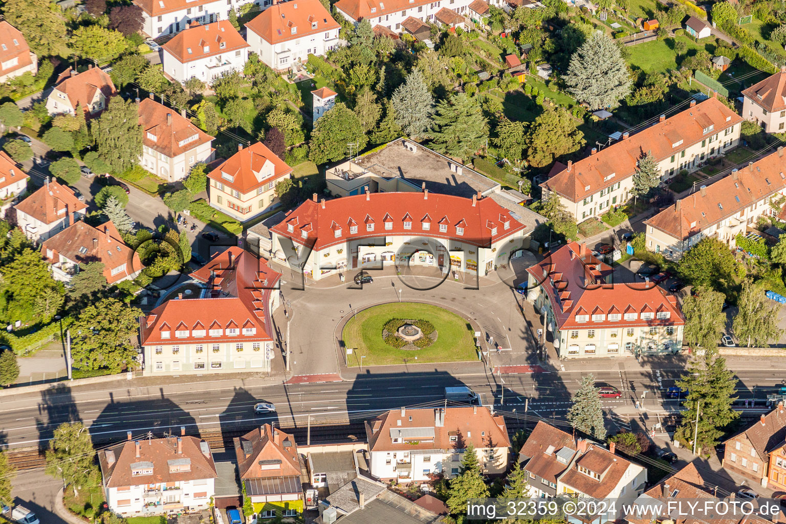 Aerial view of Half-Circular Place Ostendorfplatz in the district Rueppurr in Karlsruhe in the state Baden-Wurttemberg, Germany
