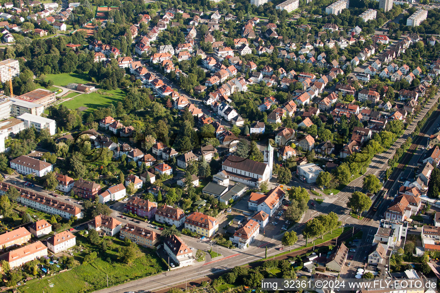 Aerial view of Rüppur, Catholic Christ the King Church in the district Rüppurr in Karlsruhe in the state Baden-Wuerttemberg, Germany