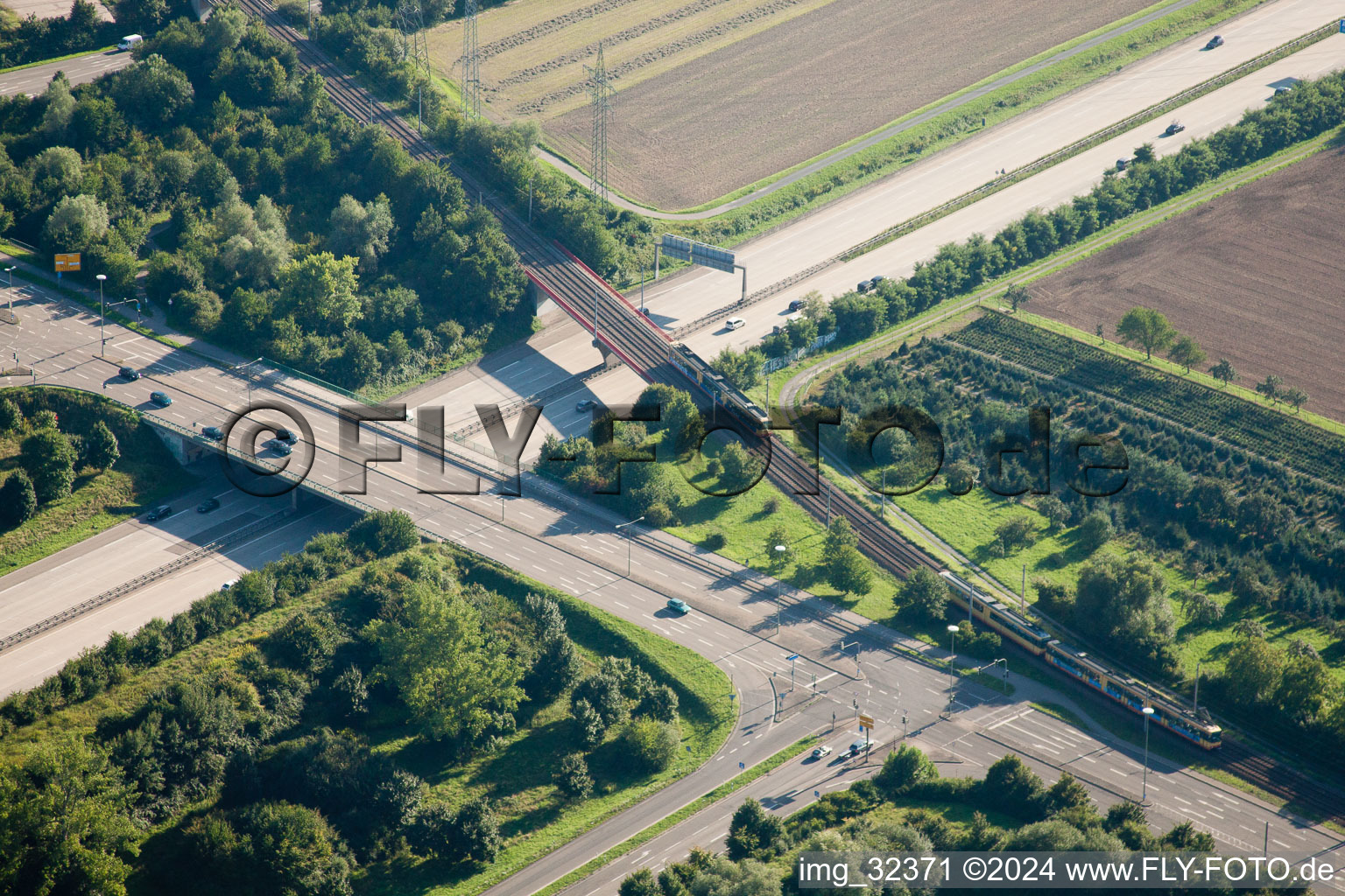 Aerial view of Exit A5 Ettlingen in the district Rüppurr in Karlsruhe in the state Baden-Wuerttemberg, Germany