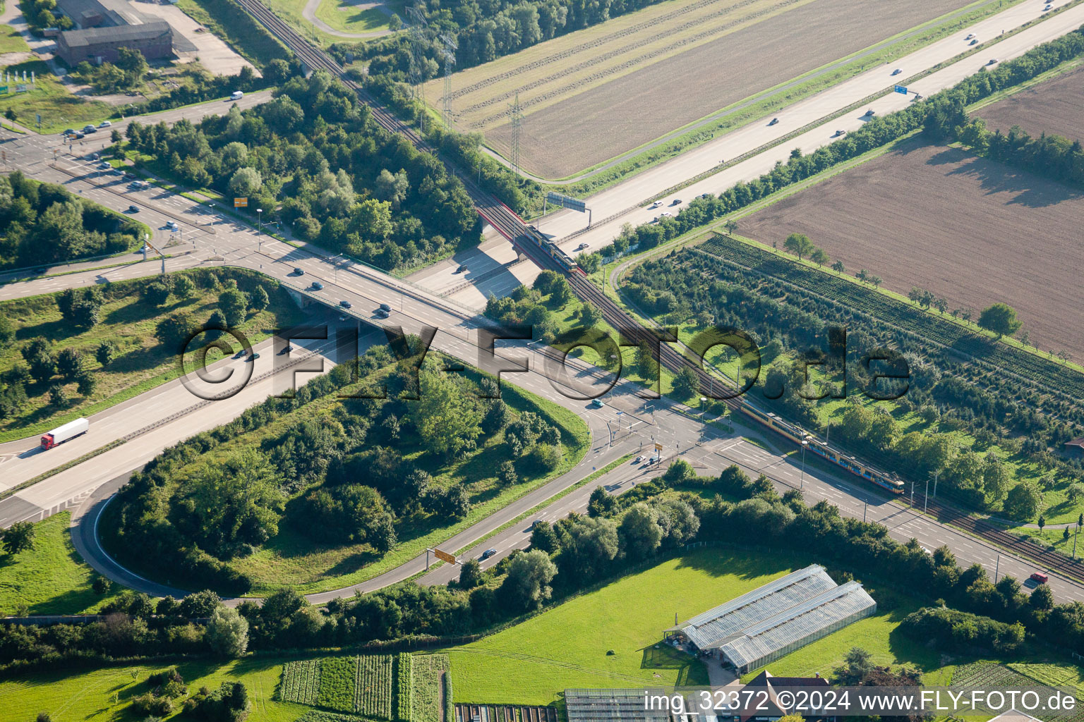 Aerial photograpy of A5 Ettlingen exit in the district Rüppurr in Karlsruhe in the state Baden-Wuerttemberg, Germany
