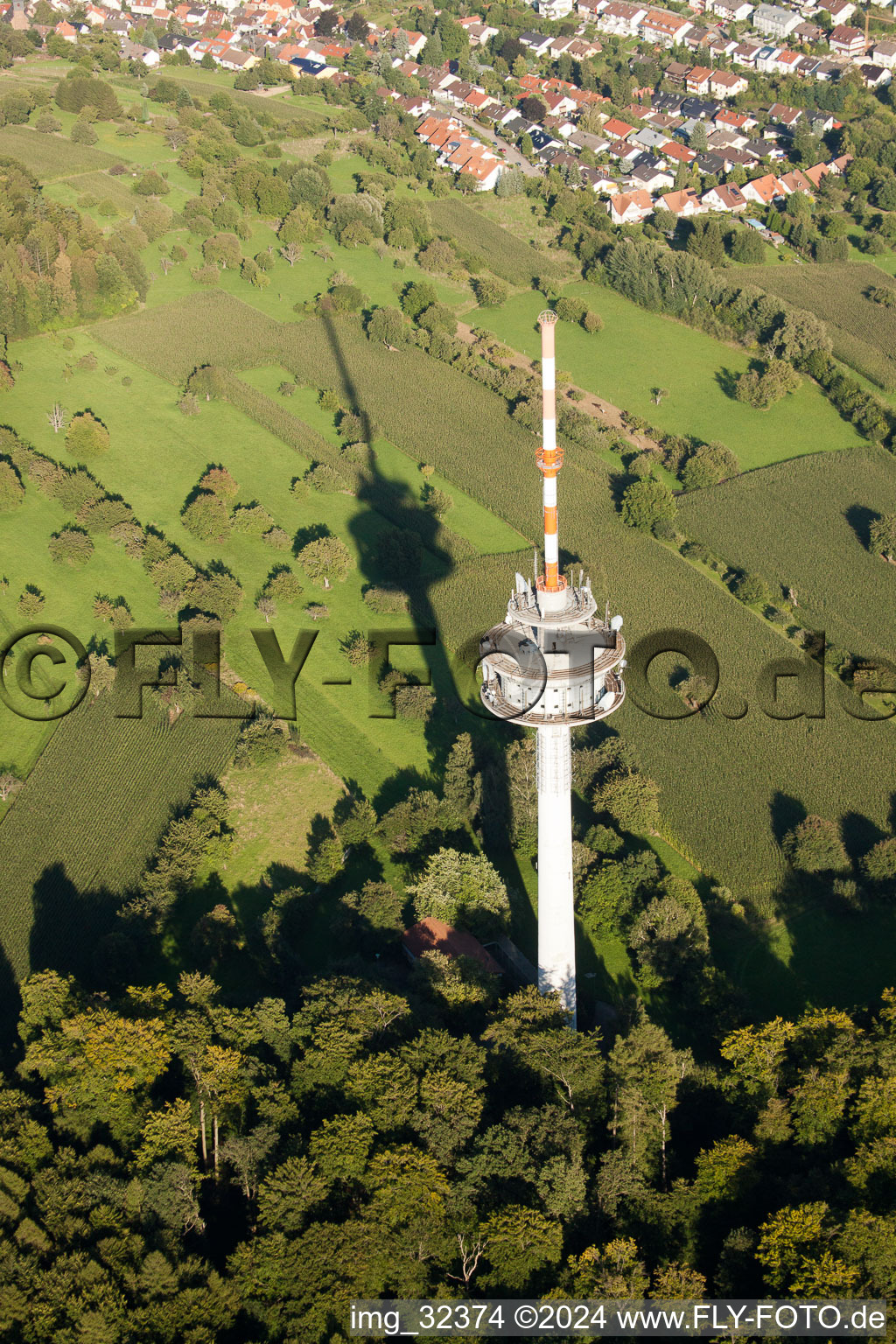 Aerial view of Television Tower in the district Gruenwettersbach in Karlsruhe in the state Baden-Wurttemberg, Germany