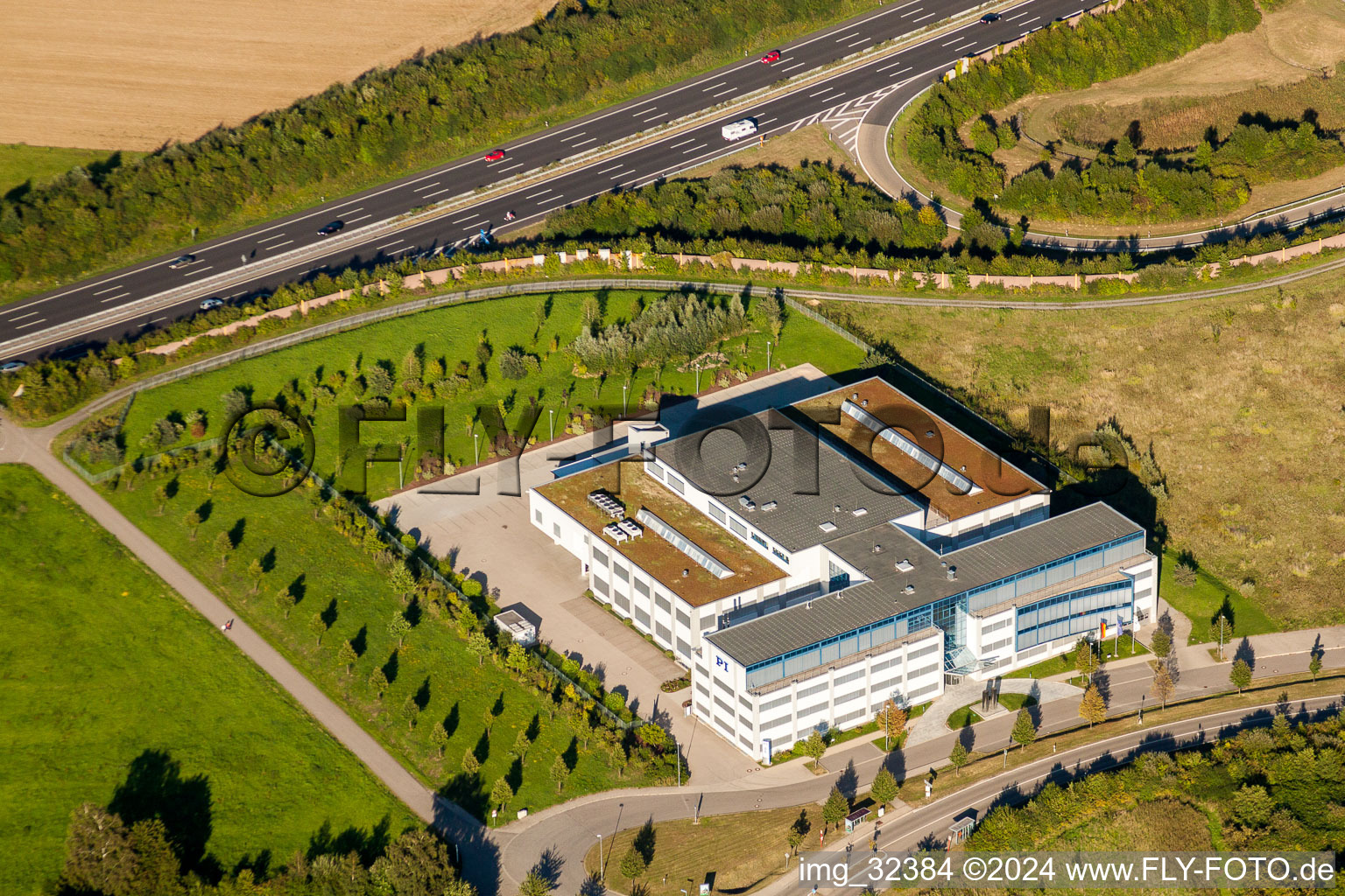 Aerial view of Office building of Physik Instrumente (PI) GmbH & Co. KG at the A8 in the district Palmbach in Karlsruhe in the state Baden-Wurttemberg, Germany