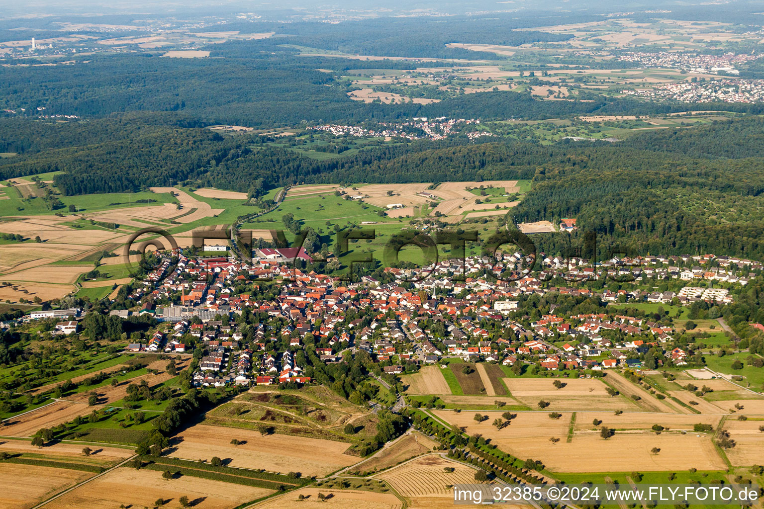 Aerial view of Village view in the district Stupferich in Karlsruhe in the state Baden-Wuerttemberg, Germany