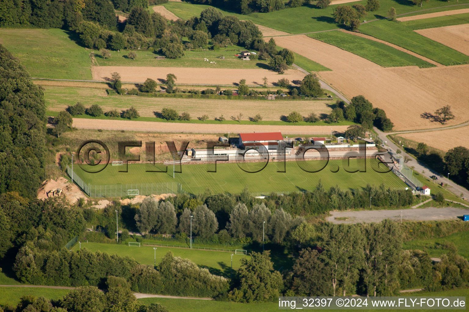 Aerial view of Pneuhage Stadium in the district Auerbach in Karlsbad in the state Baden-Wuerttemberg, Germany