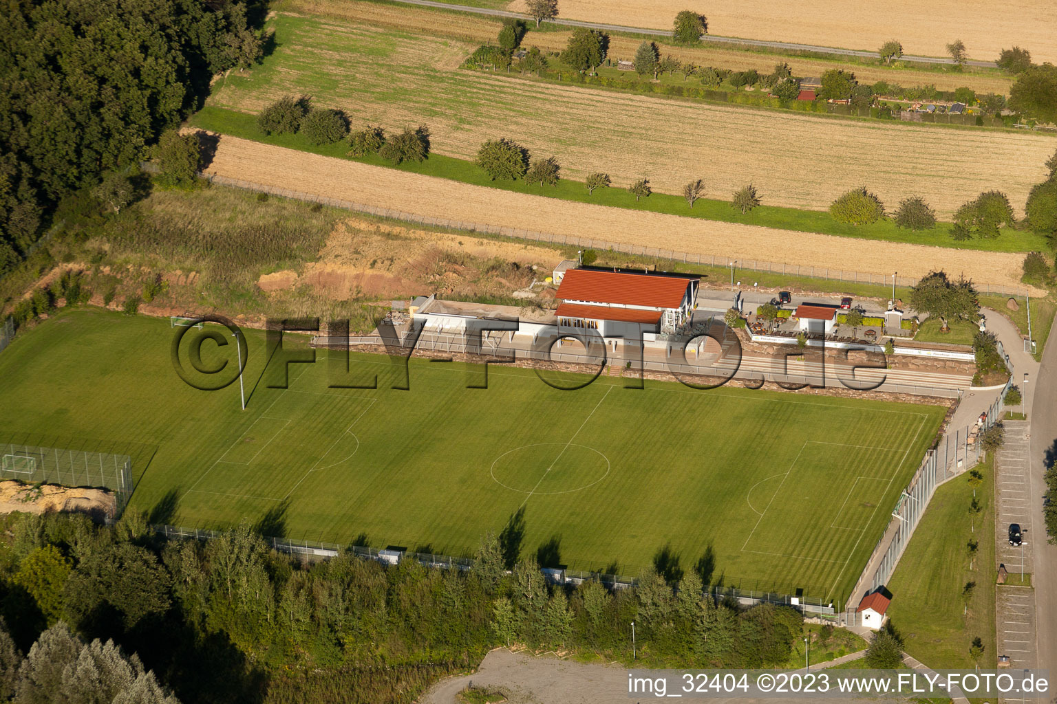 Oblique view of Pneuhage Stadium in the district Auerbach in Karlsbad in the state Baden-Wuerttemberg, Germany