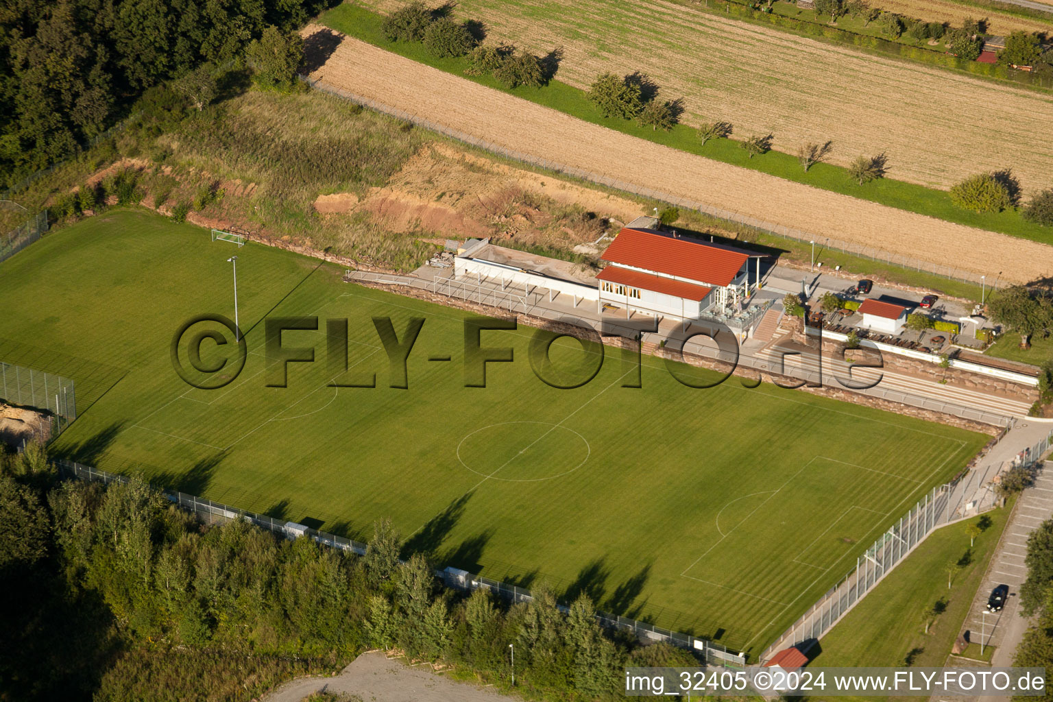 Pneuhage Stadium in the district Auerbach in Karlsbad in the state Baden-Wuerttemberg, Germany from above